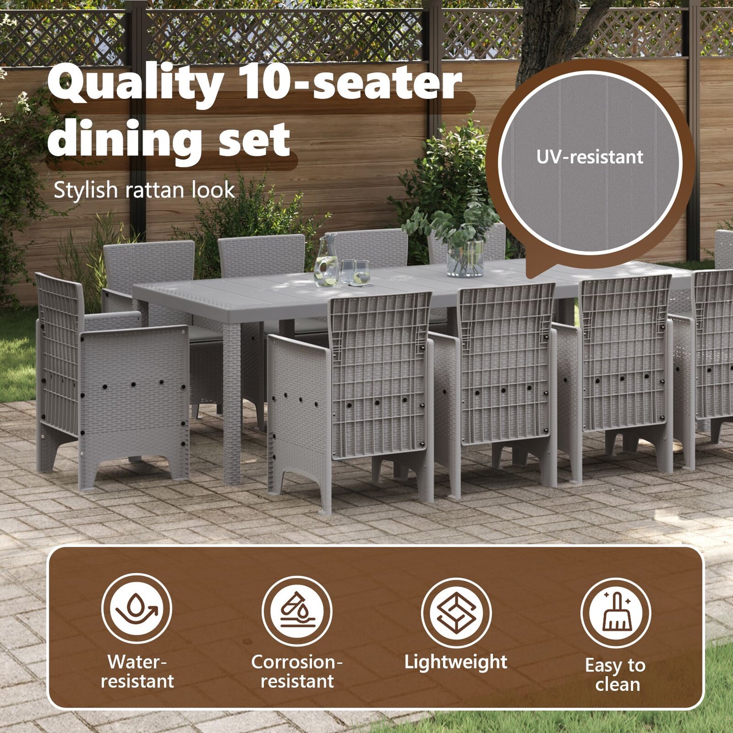 11-Teiliges Garten Esstisch Set Mit Kissen Hellgrau Poly-Rattan