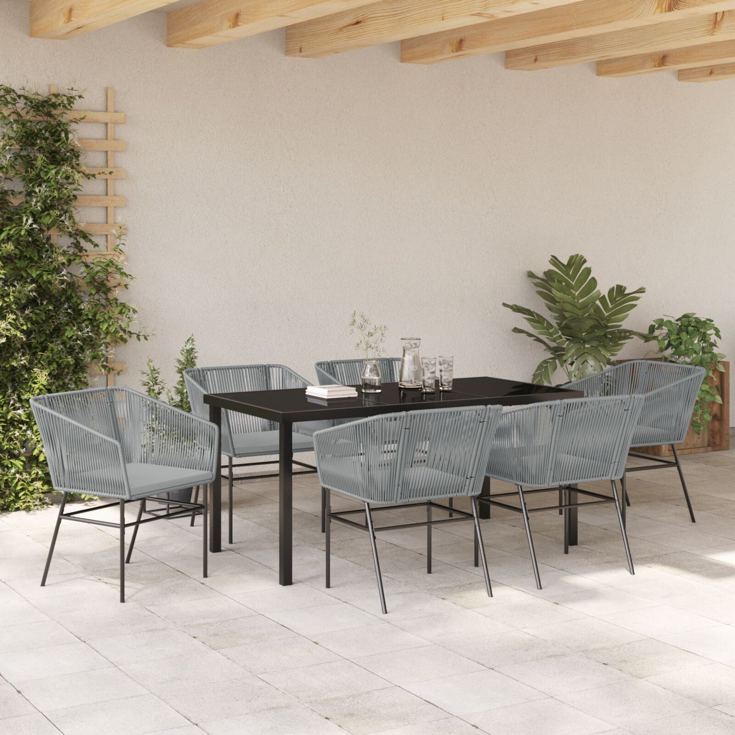 2-Teiliges Garten-Essset Mit Kissen Grau Poly-Rattan