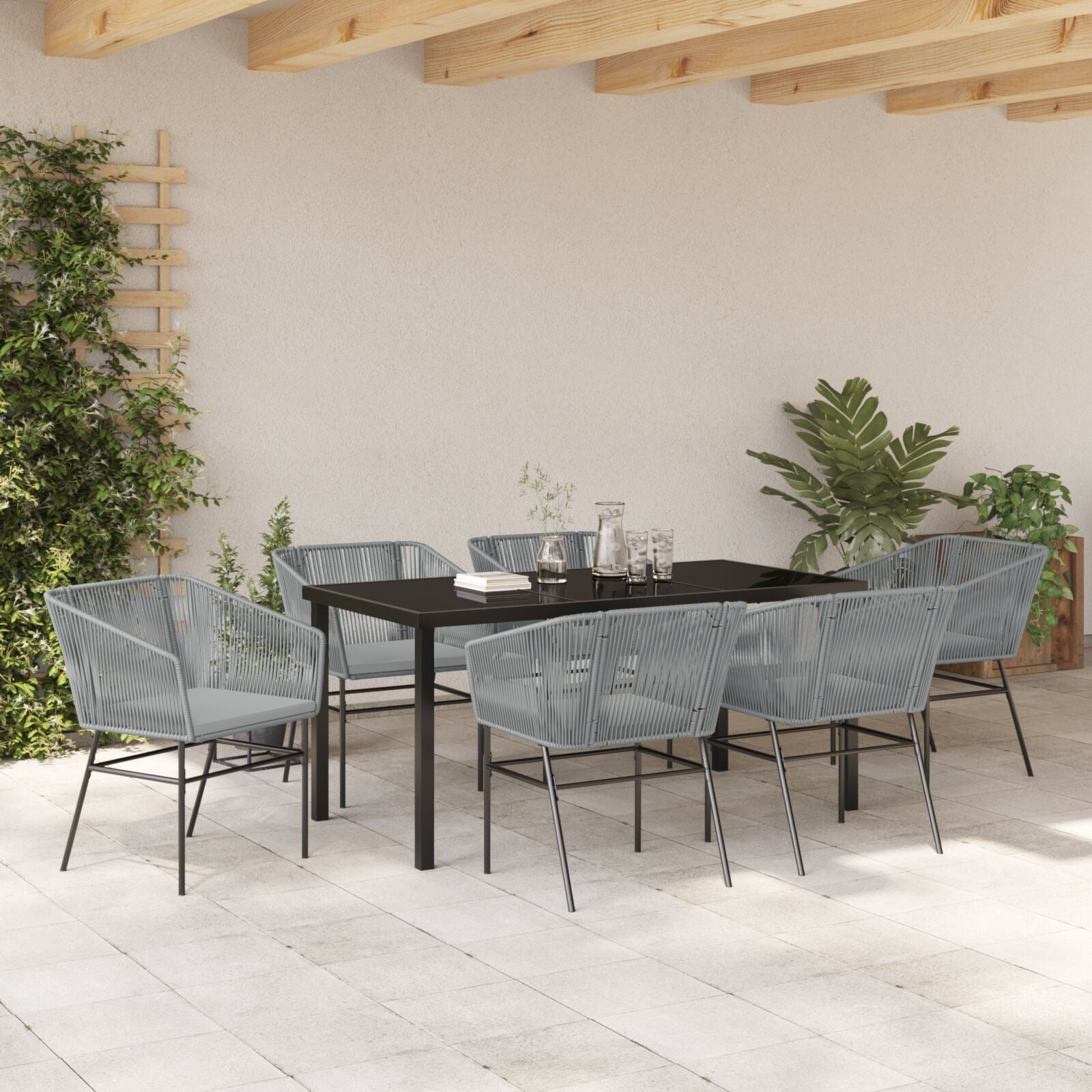 2-Teiliges Garten-Essset Mit Kissen Grau Poly-Rattan
