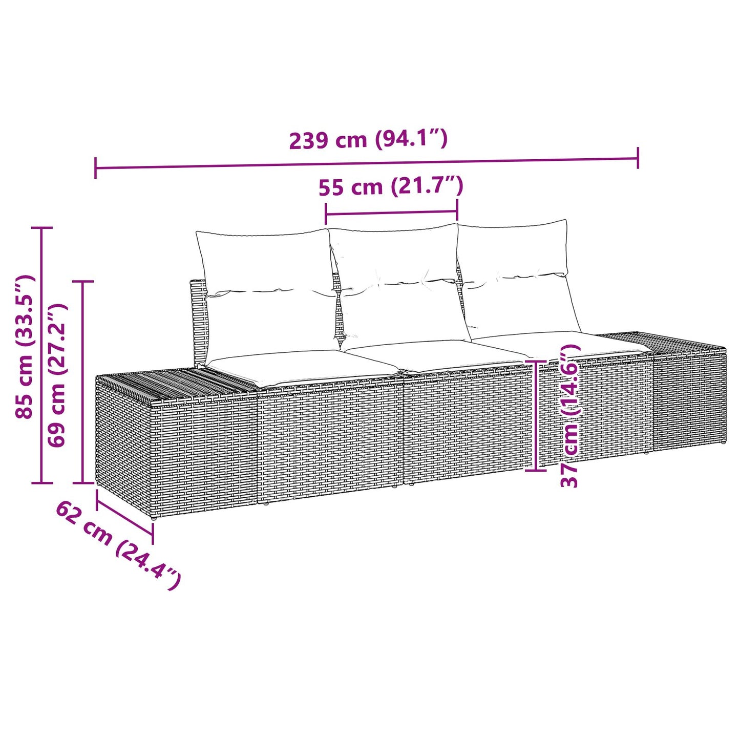 3 Teiliges Garten Sofa Set Mit Kissen Schwarz Poly Rattan